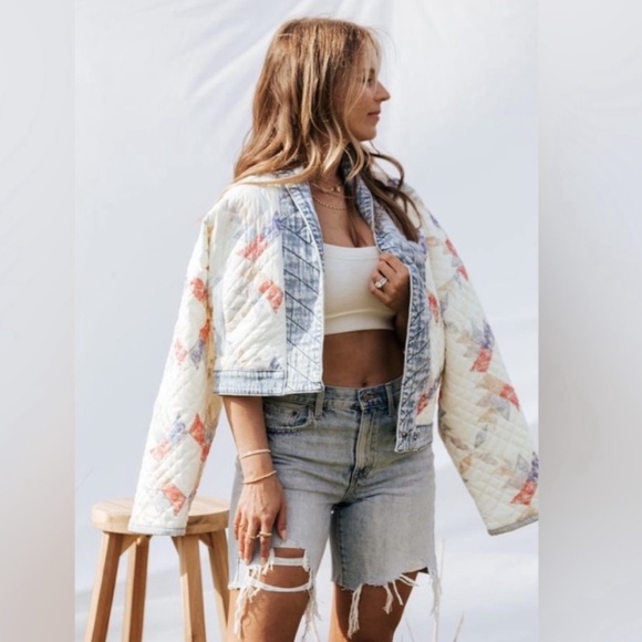 Blank NYC Jackets & Blazers - Blank NYC Quilted Patchwork Cropped Jacket in Cream, Blue & Coral